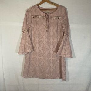 LOFT Outlet Dusty Pink Textured Bell sleeves. Tie Neck Mini Dress Size M.